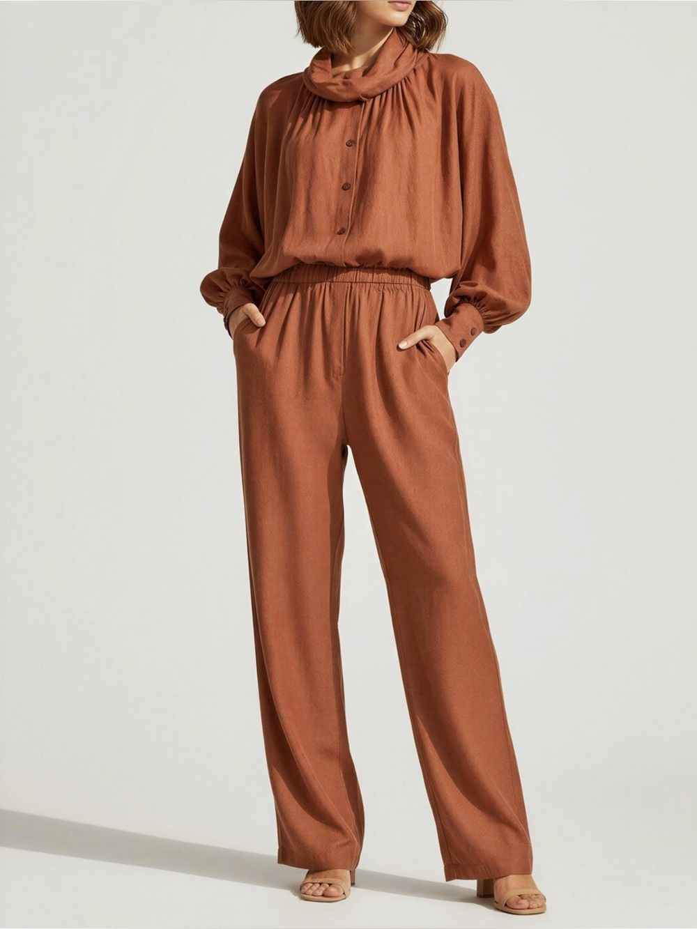 BLACK CRANE Gathered Linen-Blend Jumpsuit, Orange, Large